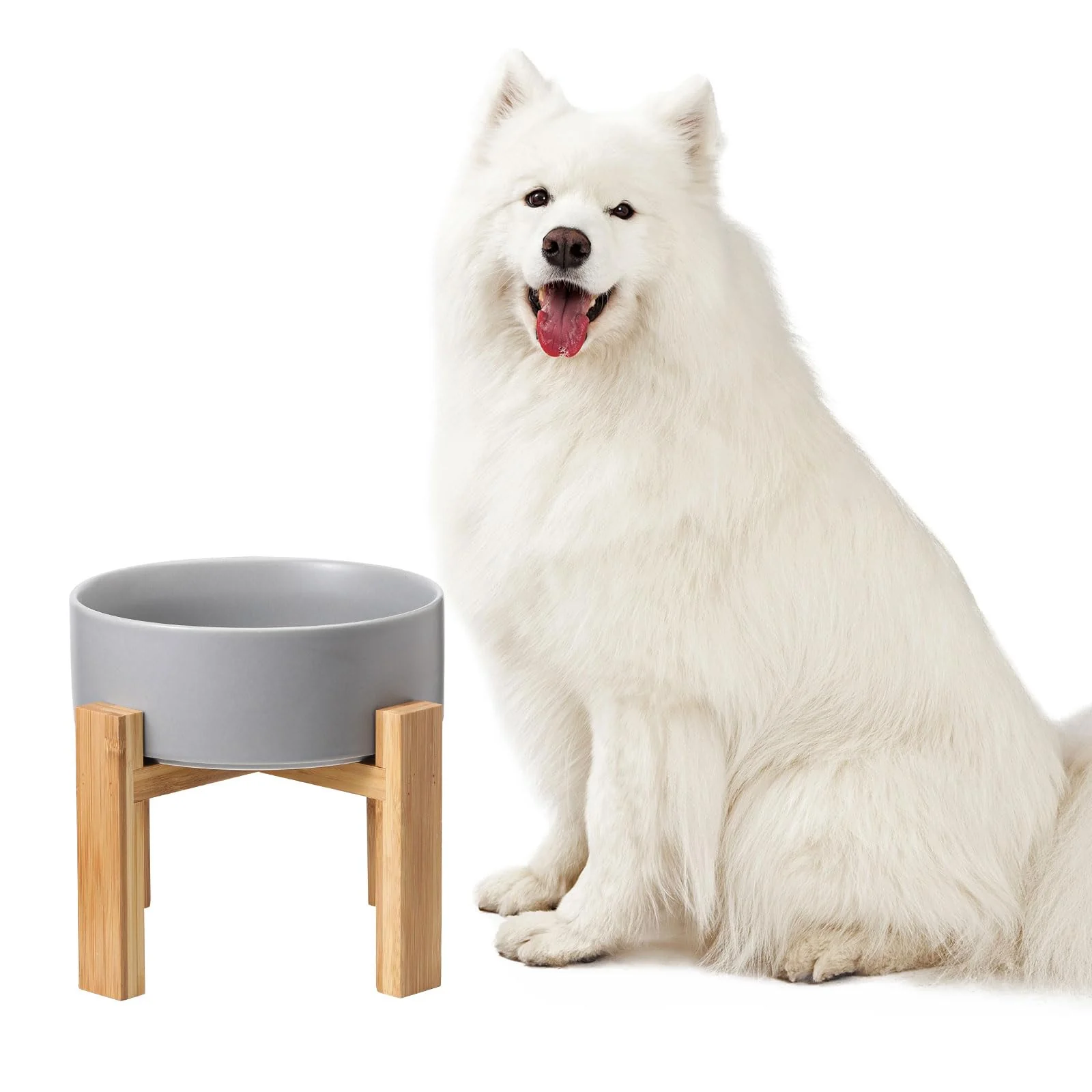 Certified HCHLQLZ d Ceramic Large Dog Bowl with Bamboo Stand — 8.4-inch Diameter 60 oz Grey Genuine