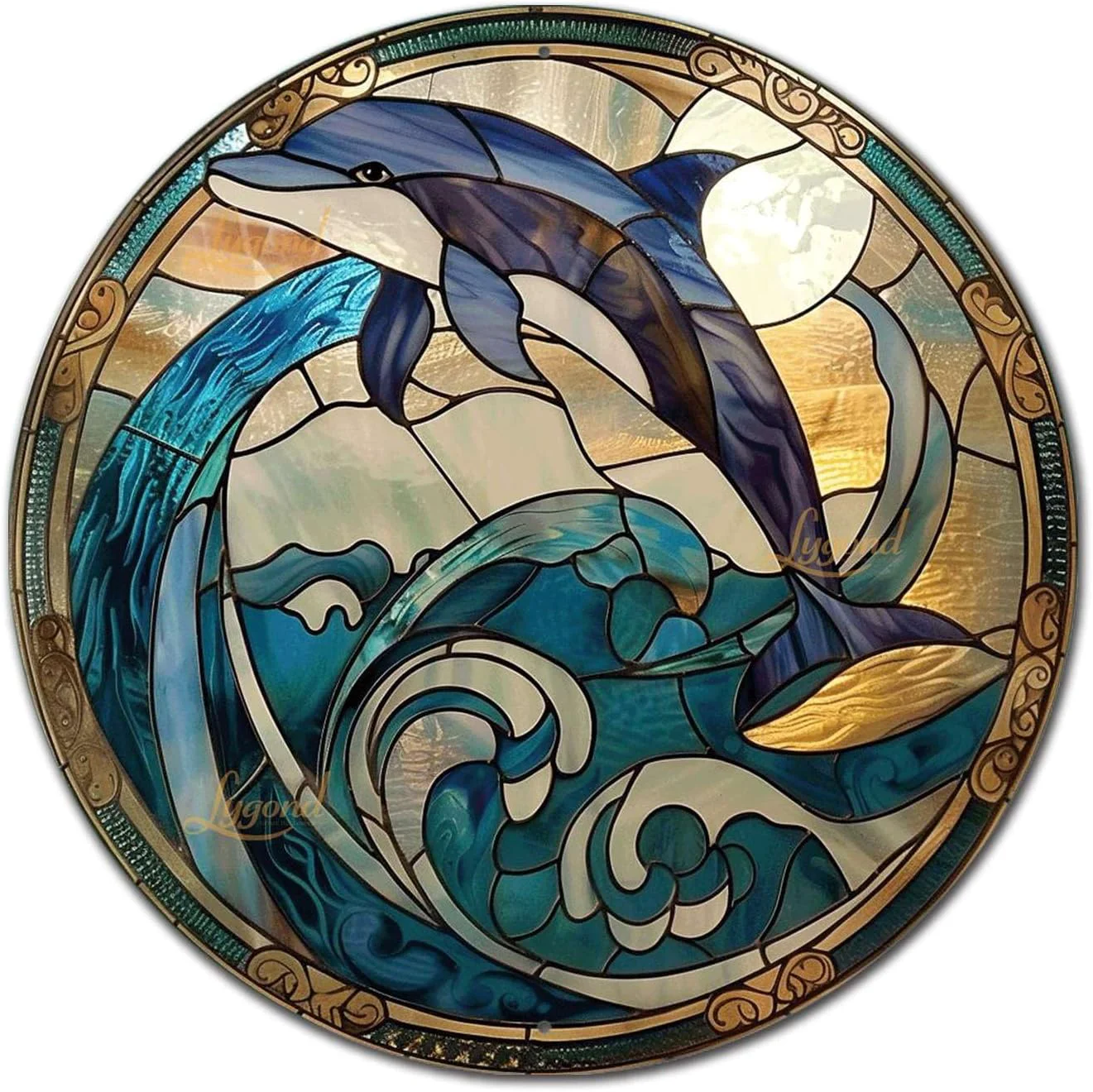 Professional Lygond Metal Sign Tin Sign Circular Stained Glass Dolphin Wall Art for Restaurant 8×8 Inches Green