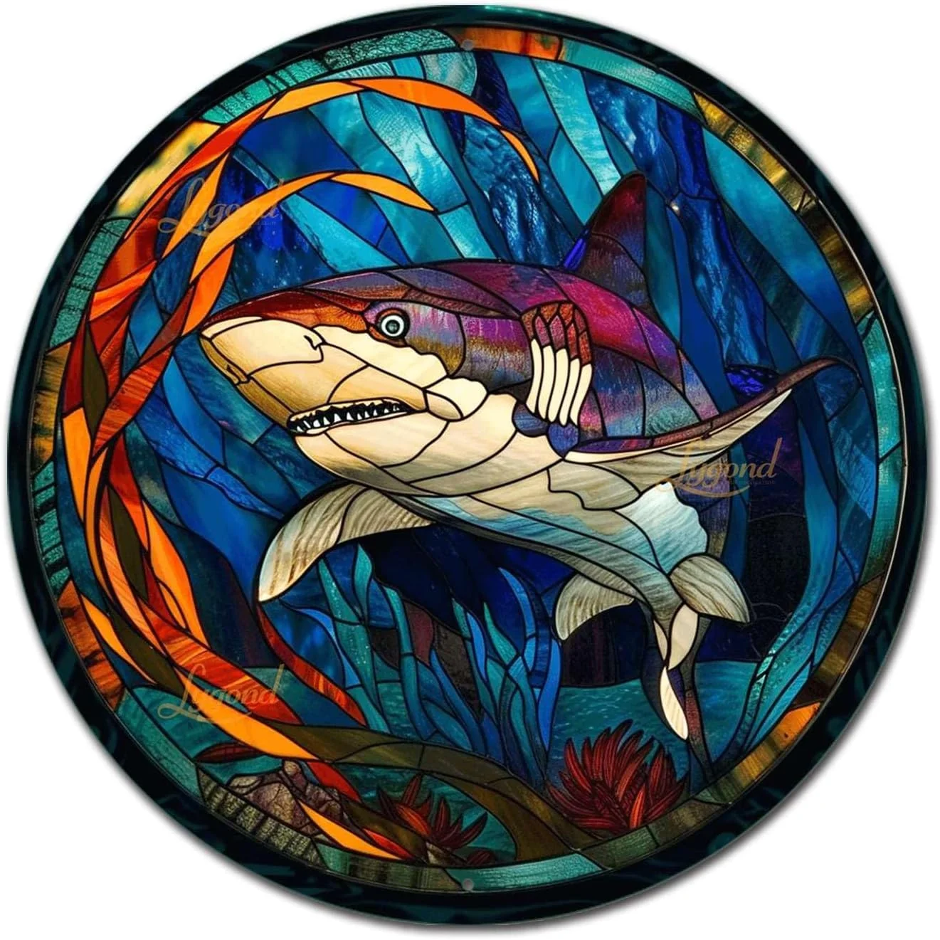 Reusable Lygond Metal Sign Tin Sign Circular Stained Glass Shark2 Home Deccor Store Home Decor for Patio 12×12 Inches Smooth