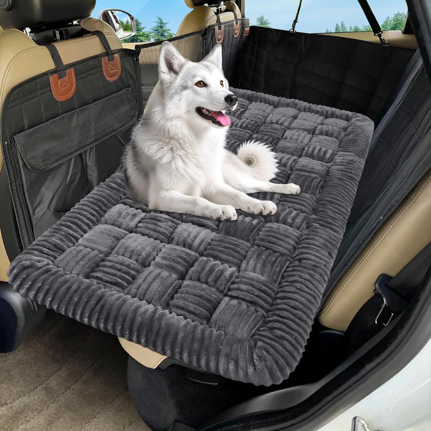 Durable Dog Car Bed Mat Non-Slip Backseat Extender Pet Blanket Plaid Dog Bed for Trucks Sedans Large SU Chew-Resistant Travel Pad for Dogs Easy Clean Scratch-Proof Comfort（56 x28.7 Gray Convenient