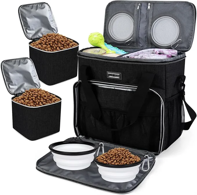 Next-Generation BAGLHER Dog Travel Bag Pet Travel Bag All Pet Travel Supplies with 2 Pet Food Containers and 2 Collapsible Silicone Bowls Essential Kits for Travel BlackAbout This Reusable