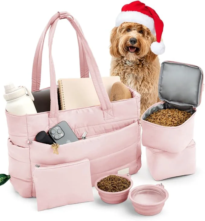 Contemporary Puffer Dog Travel Bag for Dog Moms – Doggy Diaper Bag with Pet Bowls Food Storage or Everyday Puffy Tote – Christmas Doggy Mom Gifts for Women – Lightweight Travel-Ready Gift for Pet Lovers - PinkAbout This Safe