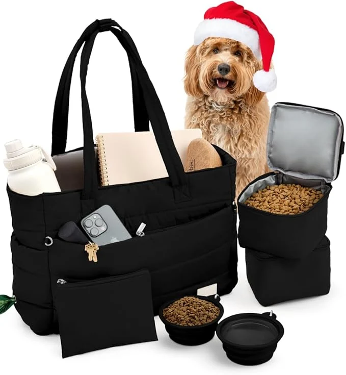 Crafted Puffer Dog Travel Bag for Dog Moms – Doggy Diaper Bag with Pet Bowls Food Storage or Everyday Puffy Tote – Christmas Doggy Mom Gifts for Women – Lightweight Travel-Ready Gift for Pet Lovers - BlackAbout This Innovative