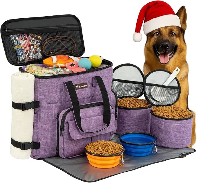 Easy-to-Use Modoker Dog Travel Organizer Carriers for Supplies Accessories Airline Cat Pet Travel Bag 2 Collapsible Bowls 2 Travel Dog Food Container PurpleAbout ThisOverview Detailed