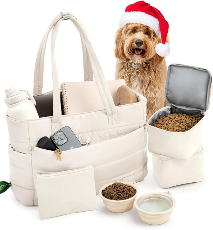 Trendy Puffer Dog Travel Bag for Dog Moms – Doggy Diaper Bag with Pet Bowls Food Storage or Everyday Puffy Tote – Christmas Doggy Mom Gifts for Women – Lightweight Travel-Ready Gift for Pet Lovers – BeigeAbout This Professional