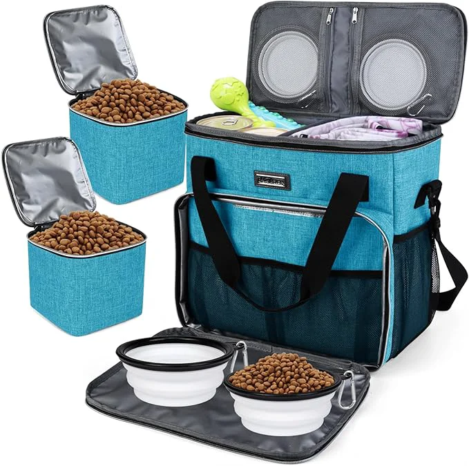 Exclusive BAGLHER Dog Travel Bag Pet Travel Bag ALL Pet Travel Supplies With 2 Pet Food Containers and 2 Collapsible Silicone Bowls Essential Kits for Pet Travel Sky BlueAbout This Original Design