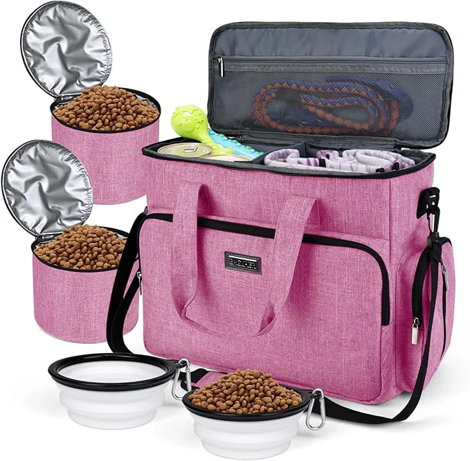 Versatile BAGLHER Dog Travel Bag Pet Travel Bag ALL Pet Travel Supplies With 2 Pet Food Containers and 2 Collapsible Silicone Bowls Essential Kits for Pet Travel PinkAbout This World-Class