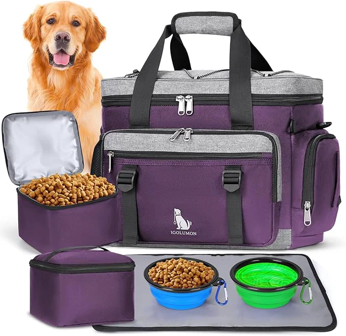 Modern IGOLUMON Dog Travel Bag Large Pet Travel Bags Set for Supplies Weekend Travel Kit Tote Organizer Multi-Pockets Dog Food Travel Bag with 2 Large Food Containers 2 Dog Bowls 1 Feeding Mat PurpleAbout This Advanced