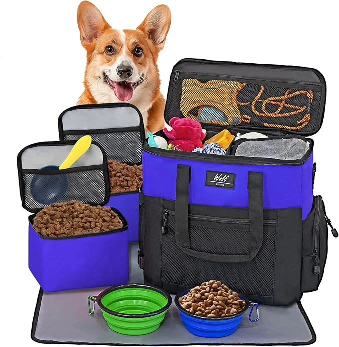 High-Grade WOLT Dog Travel Bag Dog Bag for Traveling and Supplies with 2 Collapsible Bowls 2 Food Containers 1 Place Mat BlueAbout ThisOverview Refined