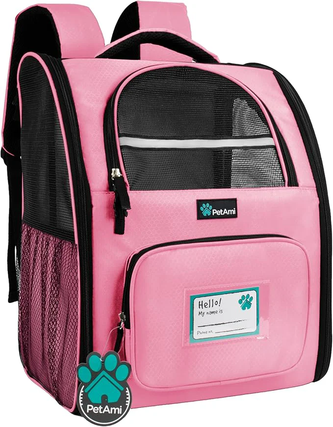 Official PetAmi Dog Backpack Carrier for Small Large Cat Pet Puppy Ventilated Pet Hiking Backpack Travel Bag Airline Cat Backpack Carrier Camping Biking Dog Bag Up to 18lbs Pet PinkAbout ThisOverview Breathable