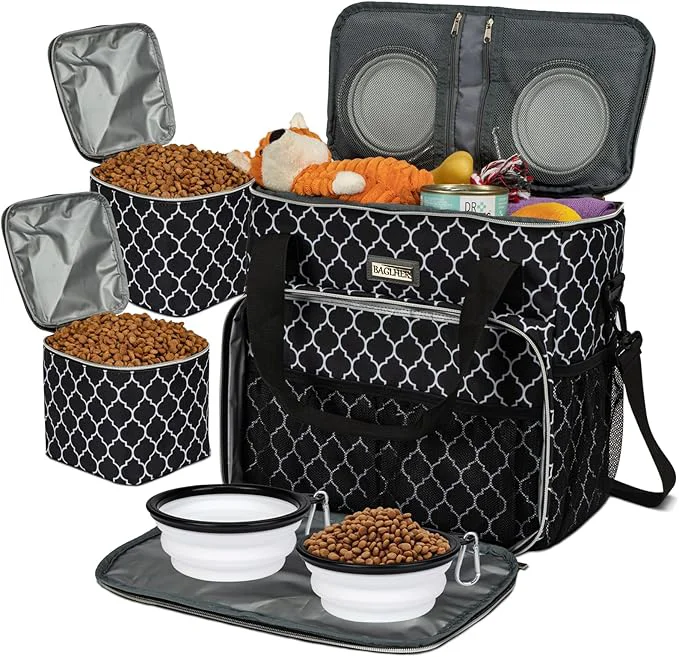 Fine Crafted BAGLHER Dog Travel Bag Pet Travel Bag All Pet Travel Supplies with 2 Pet Food Containers and 2 Collapsible Silicone Bowls Essential Kits for Travel DLblackAbout This Durable
