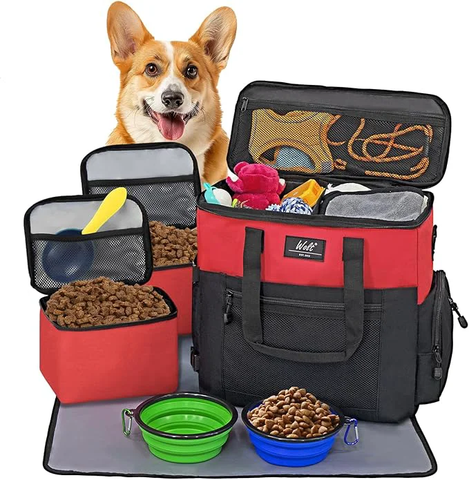 Unique WOLT Dog Travel Bag Dog Bag for Traveling and Supplies with 2 Collapsible Bowls 2 Food Containers 1 Place Mat RedAbout ThisOverview Advanced