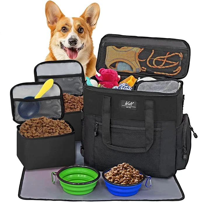Solid WOLT Dog Travel Bag Dog Bag for Traveling and Supplies with 2 Collapsible Bowls 2 Food Containers 1 Place Mat BlackAbout ThisOverview Convenient