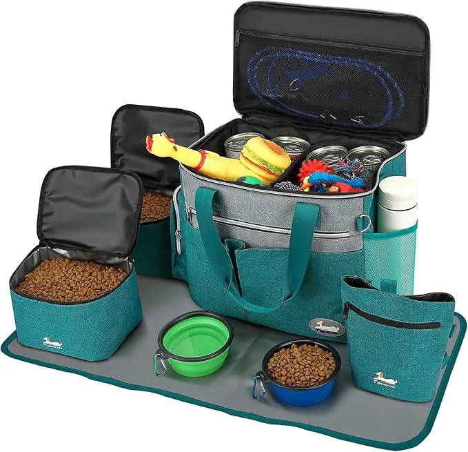 Breathable Dog Travel Bag for Pet Kit for Supplies with 2 Food Storage Containers 2 Collapsible Bowls 1 Feeding Mat 1 Dog Treat Pouch 7-Piece Set Road Trips Camping Weekend or Doggy Gift TealAbout This Traditional