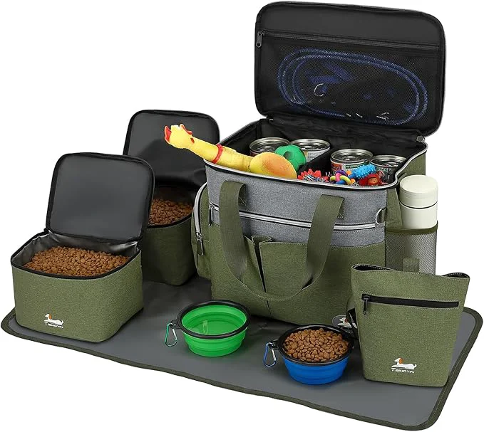 Excellent Dog Travel Bag for Pet Kit for Supplies with 2 Food Storage Containers 2 Collapsible Bowl 1 Feeding Mat 1 Dog Treat Pouch 7-Piece Set Road Trips Camping Weekend Doggy Gift Olive GreenAbout This Fashionable