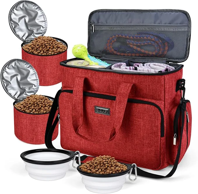Top-Quality BAGLHER Dog Travel Bag Pet Travel Bag ALL Pet Travel Supplies With 2 Pet Food Containers and 2 Collapsible Silicone Bowls Essential Kits for Pet Travel RedAbout This Carefully Designed