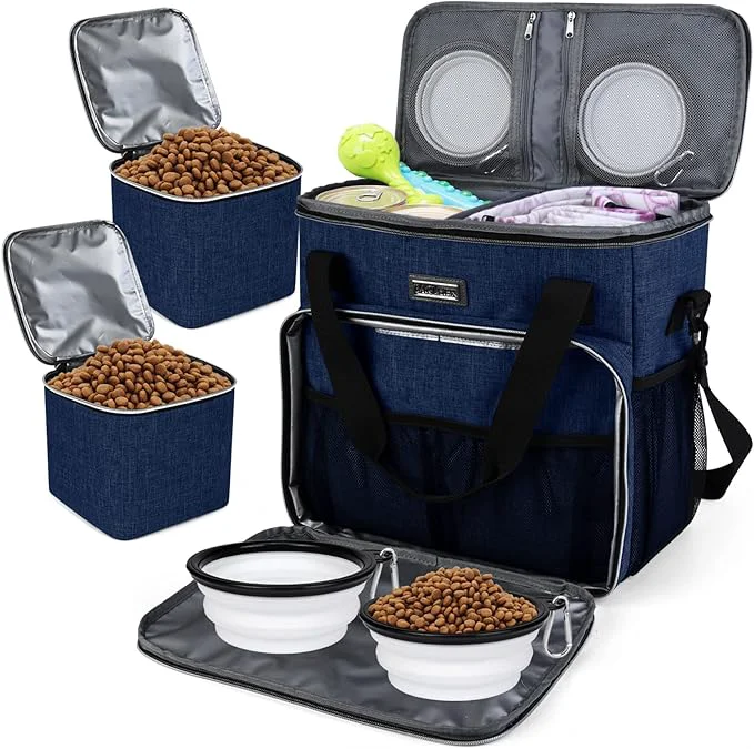 Stylish BAGLHER Dog Travel Bag Pet Travel Bag ALL Pet Travel Supplies With 2 Pet Food Containers and 2 Collapsible Silicone Bowls Essential Kits for Pet Travel Dark BlueAbout This Superior