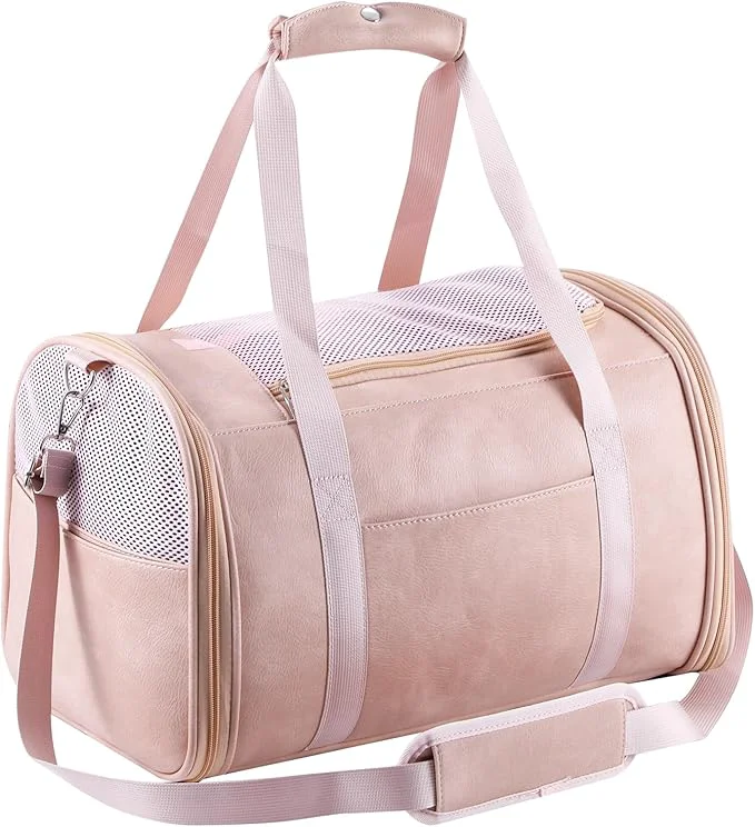 Sophisticated Fashion Leather Dog Carrier Cat Carrier Airline Pet Carrier for Small Medium Dogs Cats Under 15Lbs Collapsible Soft Sided Travel Puppy Carrier PinkAbout ThisOverview Authentic
