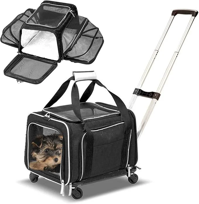 Refined Airline Expandable Premium Pet Carrier on Wheels- Two Sided Rolling Carrier- Designed for Dogs Cats- Extra Spacious Soft Lined Carrier Black RL-PET-CARRIER-WHEELS About ThisOverview Functional