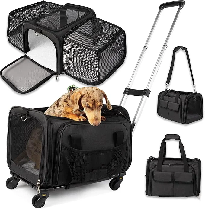 Exclusive Pet Carrier with Wheels Delta American Frontier Airline Two Expandable Sides Storage Pockets Adjustable Leash Rolling Dog and Cat Carrier TSA Compliant Black 17x11x11 About ThisOverview Refined