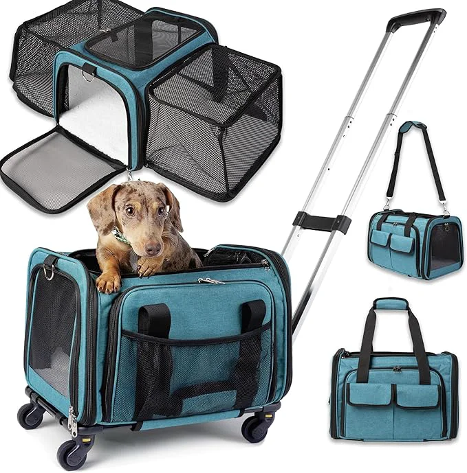 Flexible Pet Carrier with Wheels Delta American Frontier Airline Two Expandable Sides Storage Pockets Adjustable Leash Rolling Dog and Cat Carrier TSA Compliant Blue 17x12.5x11 About ThisOverview Trusted