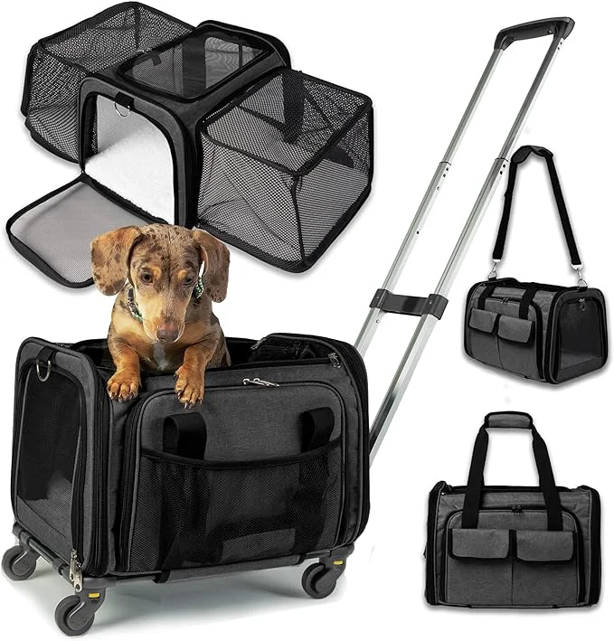 Stylish Pet Carrier with Wheels United Delta American Frontier Airline Two Expandable Sides Storage Pockets Adjustable Leash Rolling Dog and Cat Carrier TSA Compliant Dark Grey 17x11x11 About ThisOverview Verified
