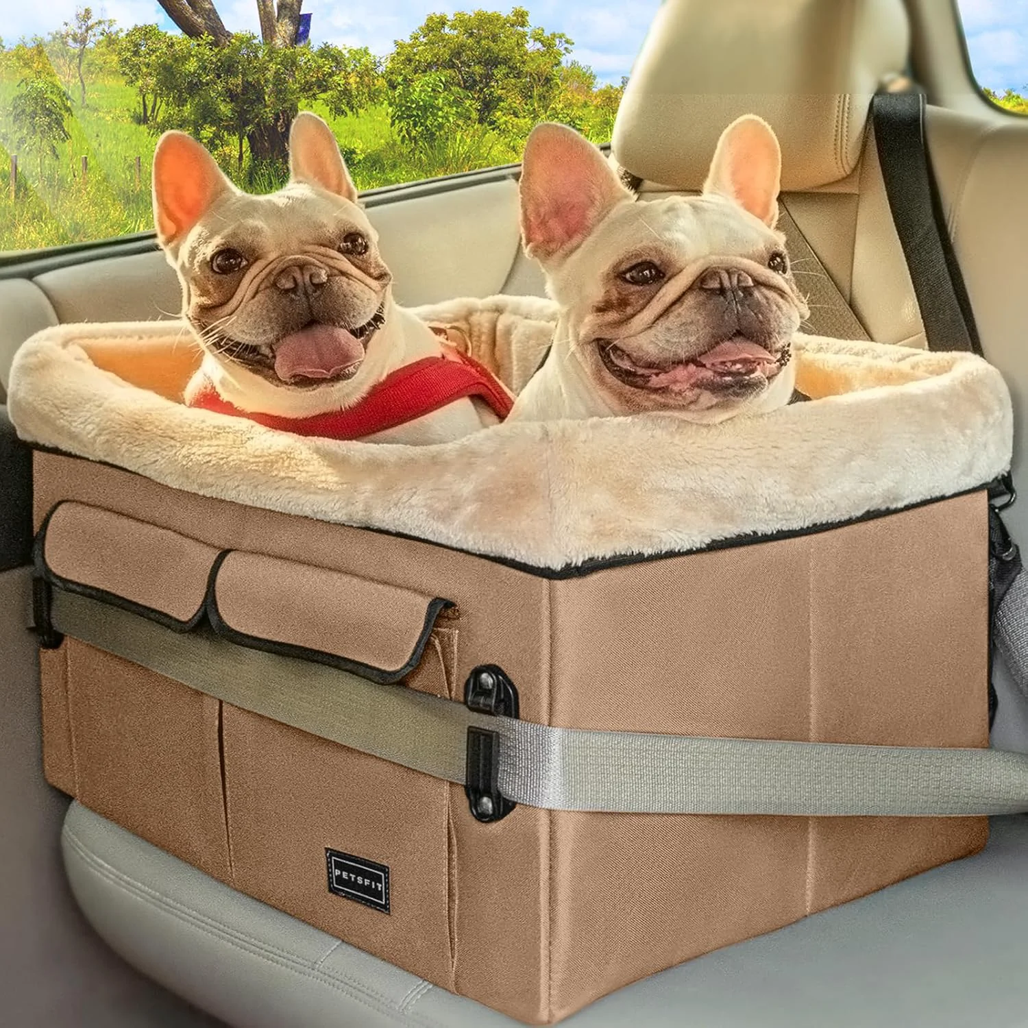 Premium Petsfit Dog Booster Car Seat for Medium Dog or 2 Small Dogs with Patent Buckles Washable Pad Upgraded Pet Car Seat for Dogs Up to 45 lbs Medium Tan Crafted