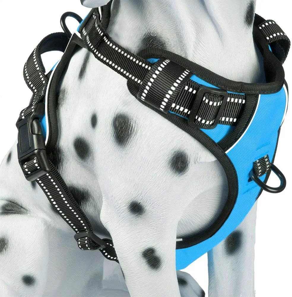 Unique PoyPet No Pull Dog Harness Reflective Comfortable Vest Harness with Front Back 2 Leash Attachments and Easy Control Handle Adjustable Soft Padded Pet Vest for Small to Large Dogs Blue M Reusable
