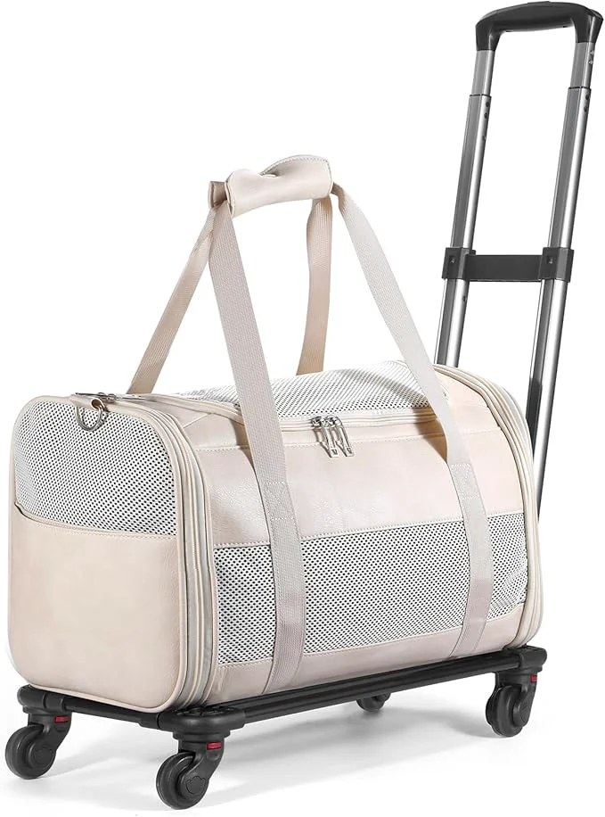 Innovative Airline Pet Carrier with Wheels Rolling Soft Sided Dog Cat Travel Bag Premium Fashion Leather Small Pet Carrier Purse for Puppies and Cats WhiteAbout ThisOverview Professional