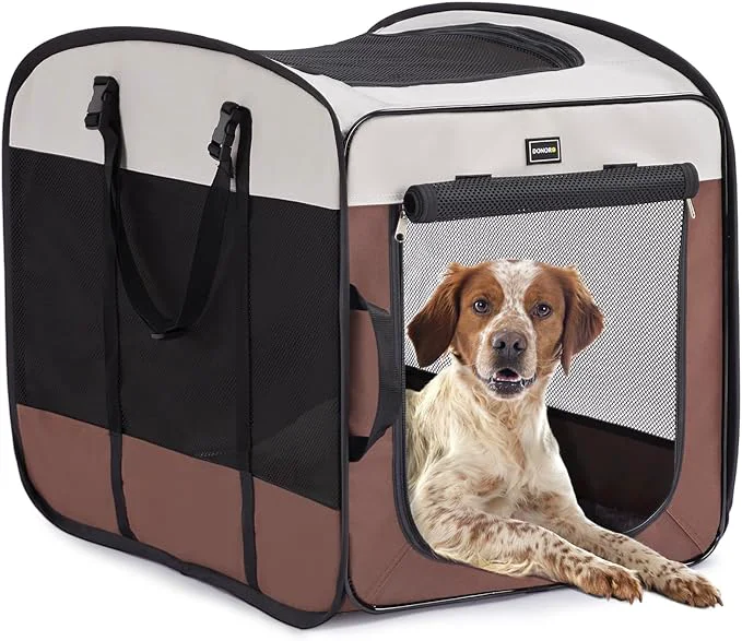 Artisan DONORO Dog Kennels and Crates for Medium Dogs Portable Pop Up Indoor Pet Cage with Sturdy Wire Frame Collapsible Travel Crate Soft Sided Cat Bag Escape Proof Brown 28.0 L x 18.0 W x 22.0 H About ThisOverview Long-Lasting