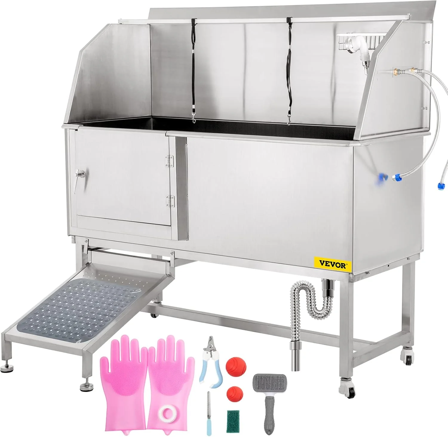 Premium Material VEVOR Dog Grooming Tub 62 L Pet Wash Station 304 Stainless Steel Pet Grooming Tub Rated 661LBS Load Capacity Non-Skid Dog Washing Station Comes with Ramp Faucet Sprayer and Drain Kit Contemporary