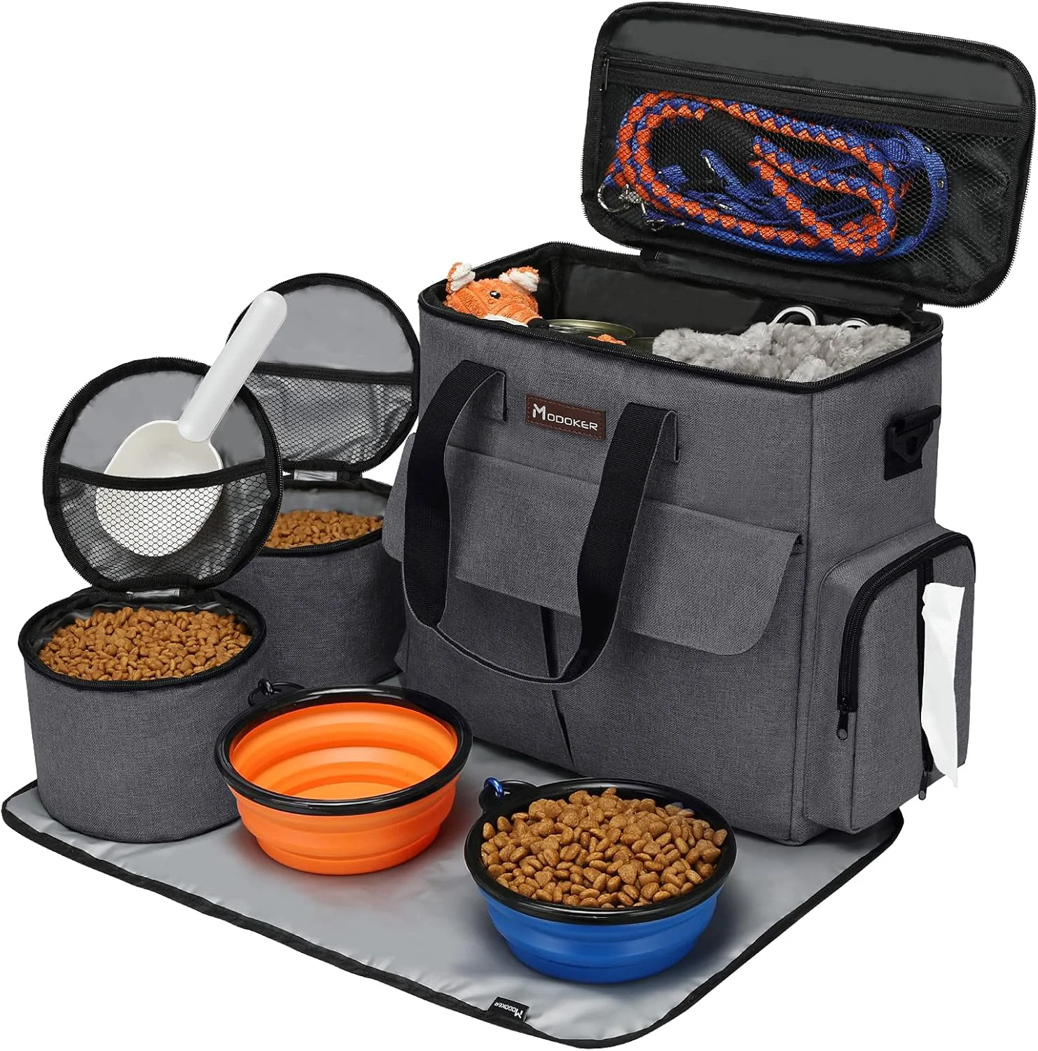 Smooth Modoker Airline Pet Travel Bag Weekend Dog Travel Set for Dog and Cat Airline Tote Organizer with Multi-Function Pockets 2 Food Storage Containers 2 Collapsible Bowls Dark Gray Refined