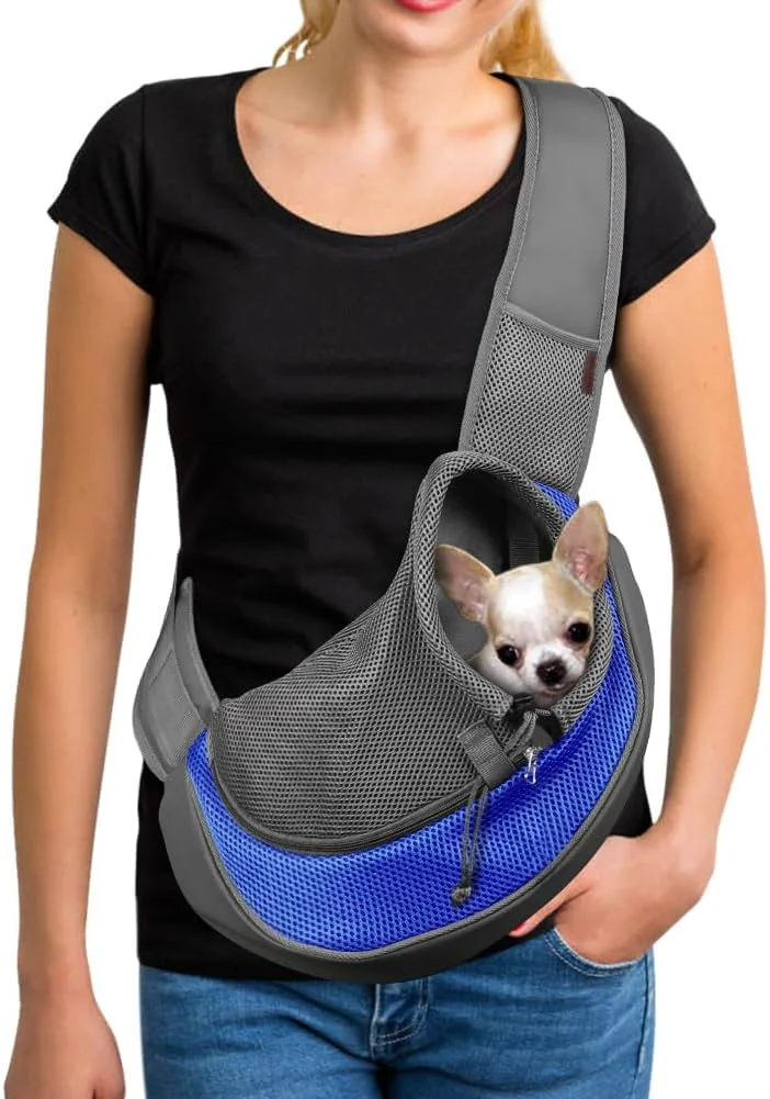 Comfortable YUDODO Pet Sling Carrier for Small Dogs Cats – Hands- Puppy Carrier with Safety Hook Large Zipper Pocket Soft Breathable Mesh Adjustable Strap Reflective Strip Blue 1.0 M Refined