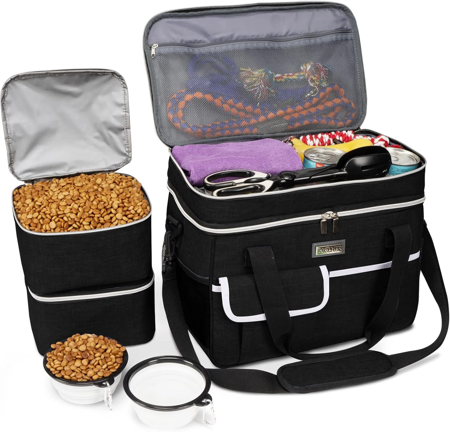 Original Design BAGLHER Dog Travel Bag for Supplies - Double-Layer Airline Weekend Pet Travel Organizer Set for Dog and Cat Tote with 2 Pet Food Containers and 2 Collapsible Silicone Bowls Black Eco-Friendly