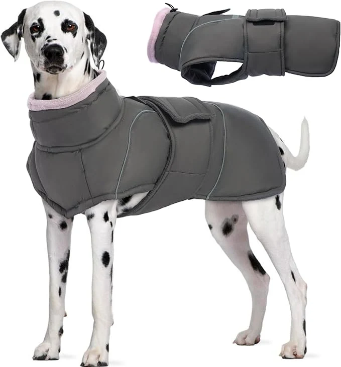 Comfortable Waterproof Warm Dog Coat Winter Dog Jacket Windproof Cold Weather Coats with Collar Drawstring Reflective Thick Fleece Vest Suitable for Walking Dogs at Night Grey LAbout ThisOverview Organic