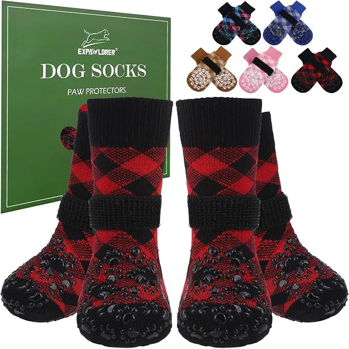 Durable EXPAWLORER Dog Socks for Cold Winter Snow to Prevent Licking Paws Anti Slip Doggie Booties Grippy Shoes for Hardwood Floors Boots Paw Protectors for Small Medium Large Senior Dogs Red Black SAbout ThisOverview Effective