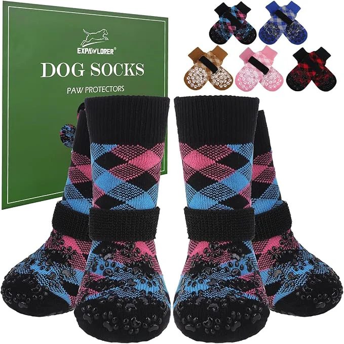 Powerful EXPAWLORER Dog Socks for Cold Winter Snow to Prevent Licking Paws Anti Slip Doggie Booties Grippy Shoes for Hardwood Floors Boots Paw Protectors for Small Medium Large Senior Dogs Pink Blue XLAbout ThisOverview High-Grade