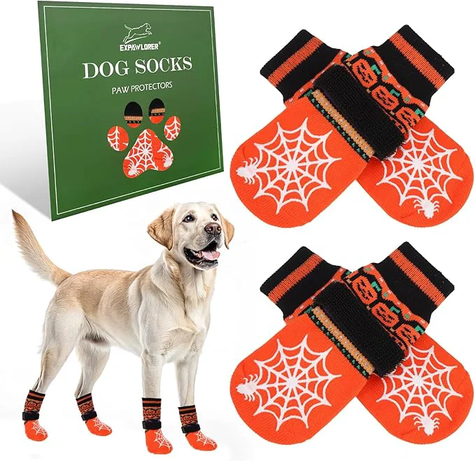 Easy-to-Use EXPAWLORER Halloween Anti Slip Dog Socks to Prevent Licking Paws Boots Paw Protectors with Spider Web Grippers Doggie Booties for Hardwood Floors for Small Medium Large Senior Dogs Orange Pumpkin LAbout ThisOverview Green