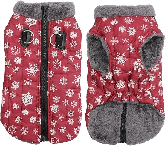 Soft Warm Fleece Dog Coats with Durable Harness Buitl in D-Ring Waterproof Puppy Jacket for Small Dogs Dog Vest for Cold Winter Red Snow Pattern MAbout ThisOverview Enhanced