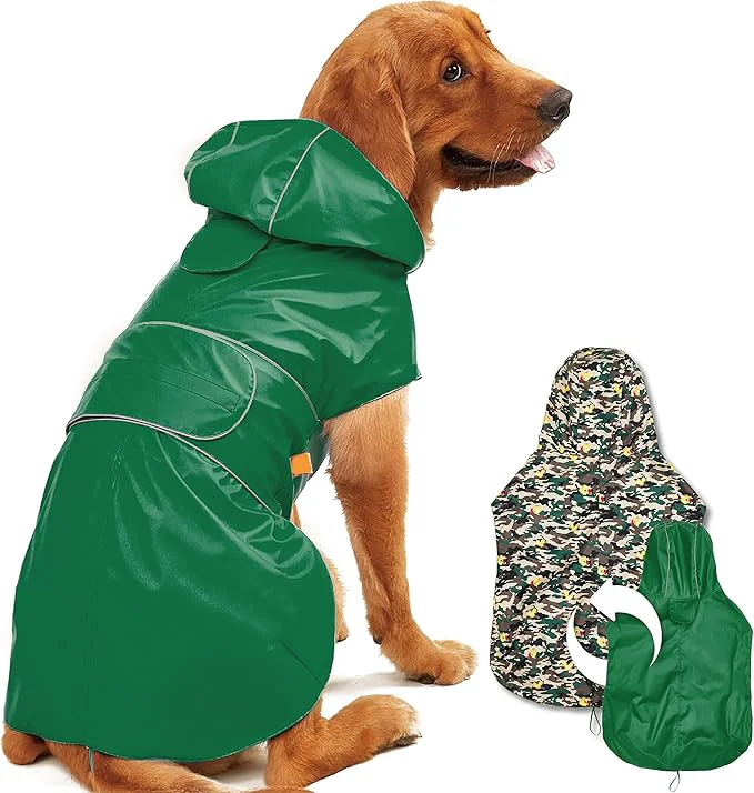 Fashionable Dog Raincoat Reversible Single Side Slicker Poncho Adjustable Waterproof Dog Rain Jacket with Leash Hole Reflective Stripe Hooded Snowproof Windproof Clothes for Small to 3X-Large Dogs XLAbout ThisOverview Original Design