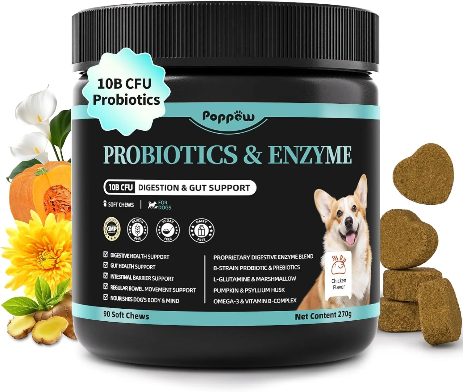 Versatile Probiotics for Dogs Digestive Enzymes for Gut Health Support Dog Fiber Supplement with Pumpkin for Diarrhea Bowel Support Upset Stomach Gas Relief Constipation - 90 Count Chicken Flavor Durable