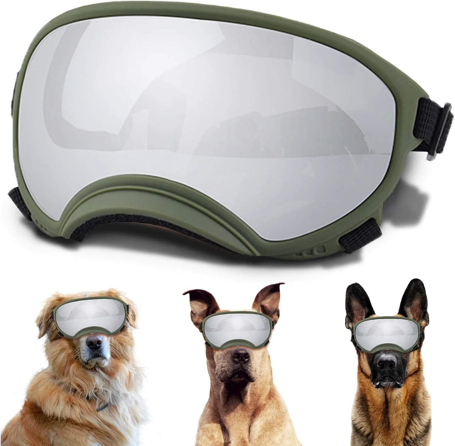 First-Class Winproof Large Dog Sunglasses with Adjustable Strap UV Protection Soft Goggles for Medium-Large Dogs Green