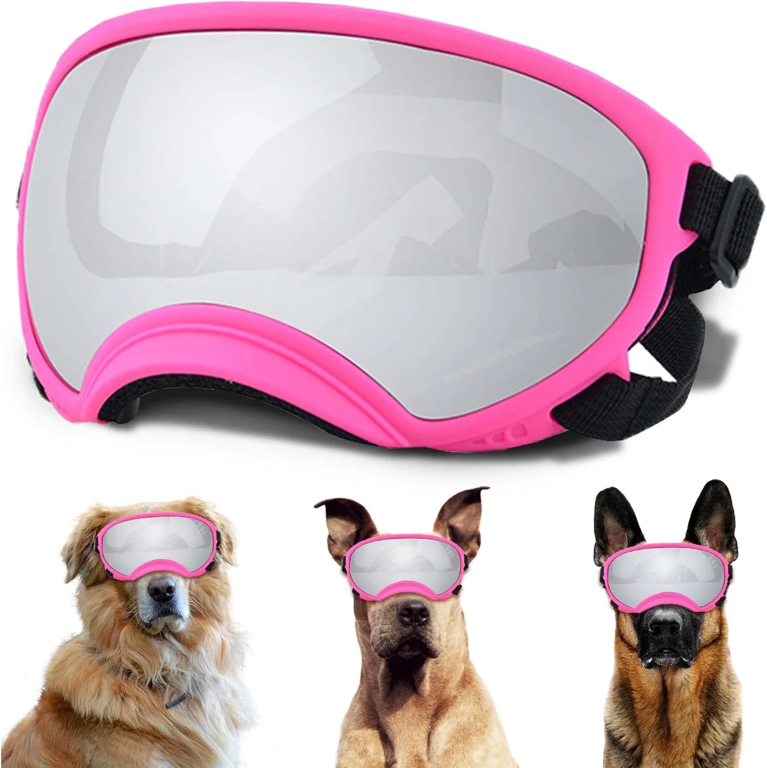 Premium Material Large Dog Sunglasses with Adjustable Strap UV Protection Winproof Puppy Sunglasses Suitable for Medium-Large Pet Glasses Dogs Eyes Soft Goggles PinkSilver YD-23032706 High-Grade