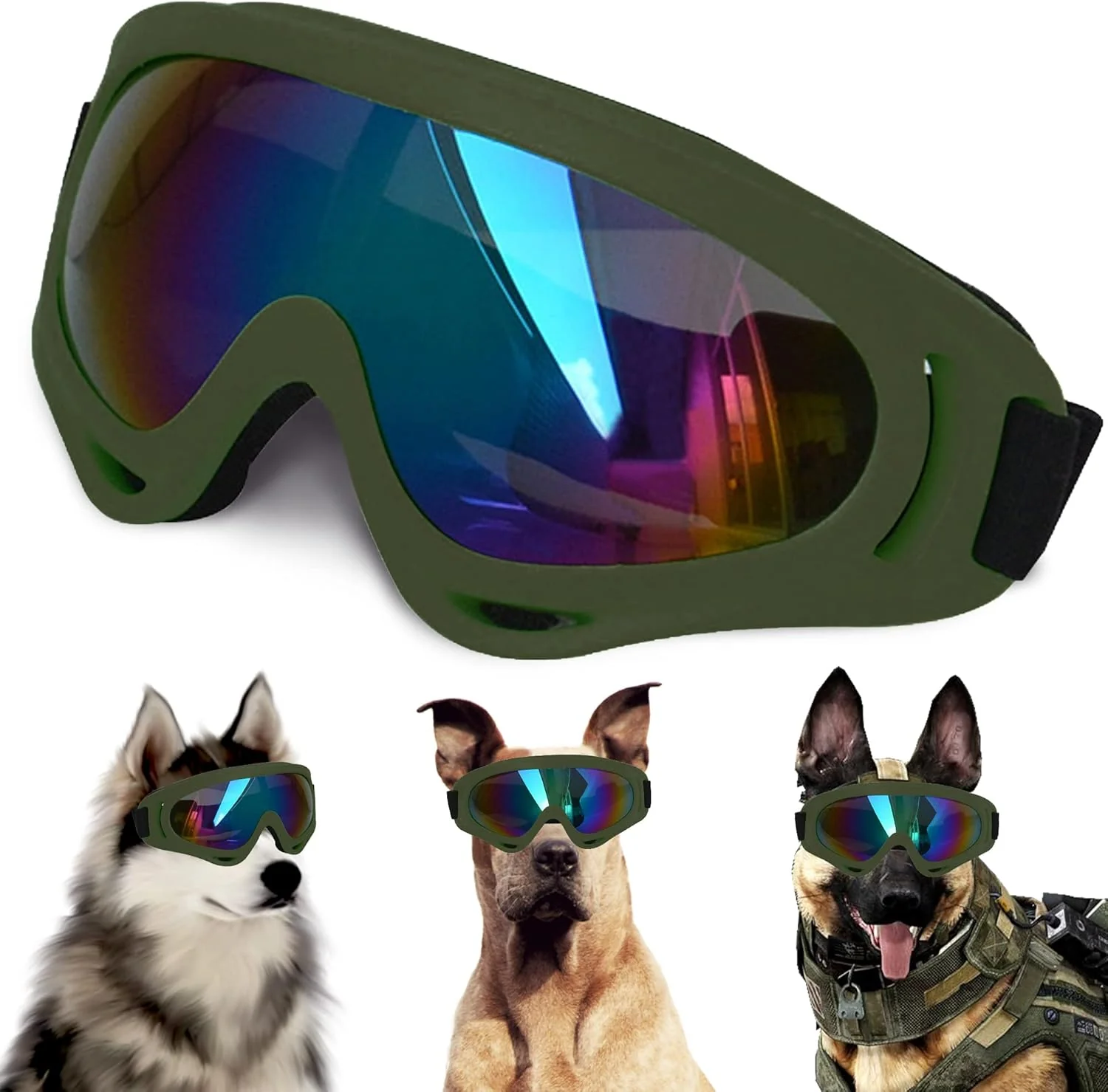 Exceptional Large Dog Sunglasses with Adjustable Strap UV Protection Suitable for Medium-Large Dogs Soft Goggles Army Green Frame Enhanced
