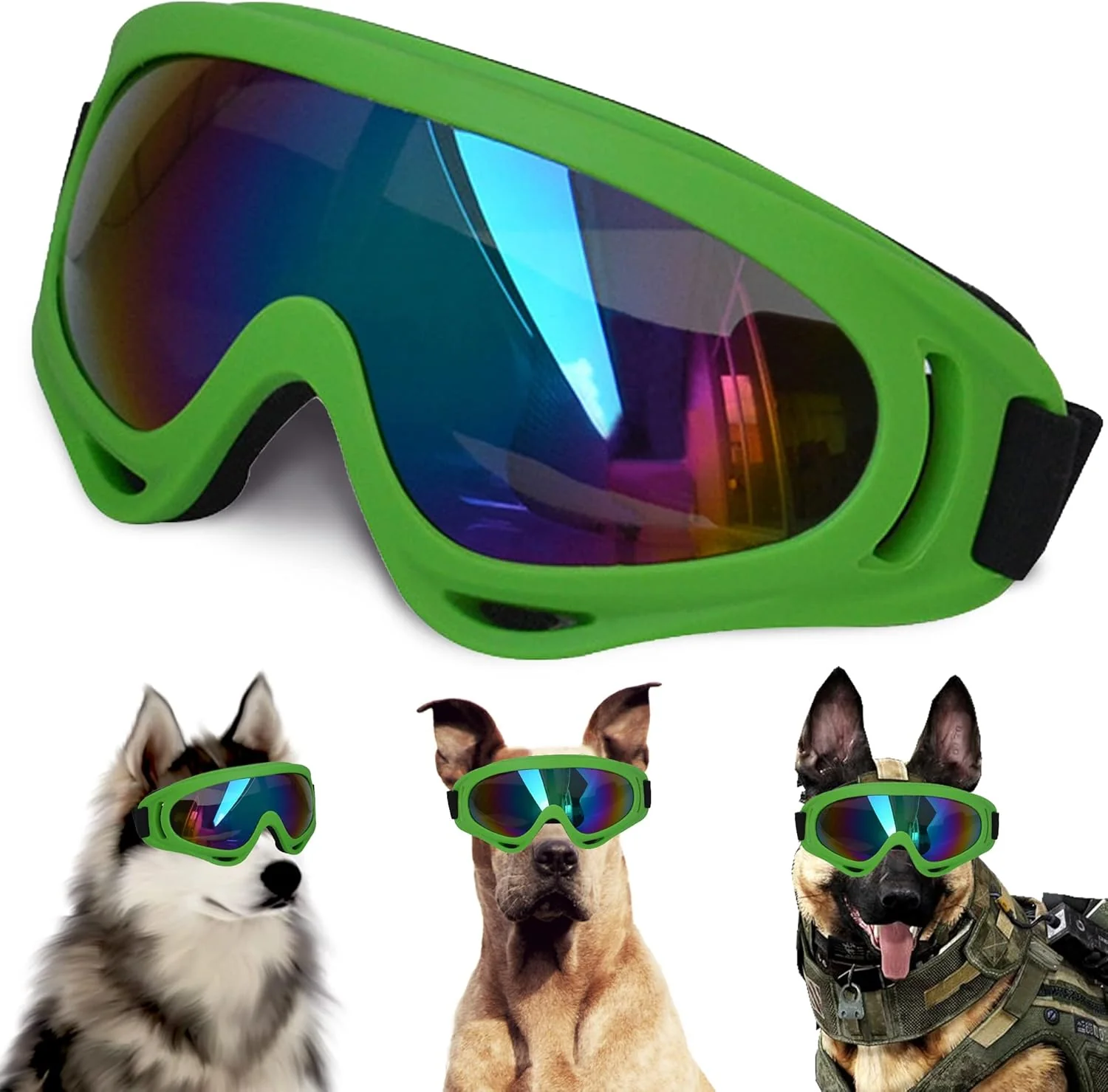 Consistent Large Dog Sunglasses With Adjustable Strap UV Protection Windproof Puppy Eyewear Suitable for Medium-Large Pets Eyes Protection Soft Goggles Green Frame Premium