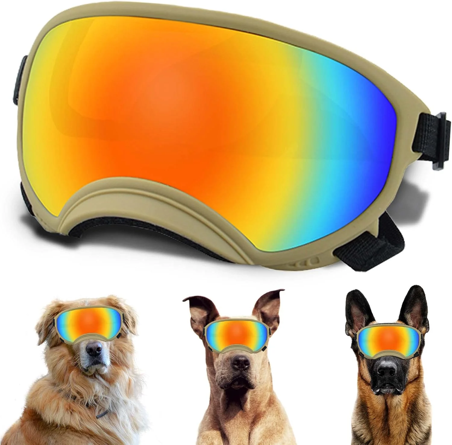 Authentic Large Dog Sunglasses with Adjustable Strap UV Protection Winproof Puppy Sunglasses Suitable for Medium-Large Pet Glasses Dogs Eyes Soft Goggles Khaki Colours Elite