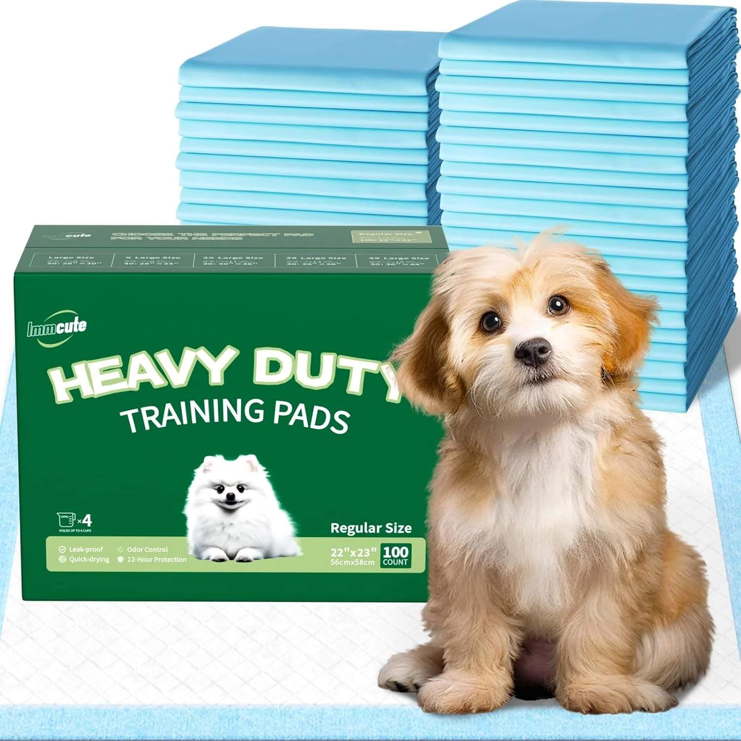 Green IMMCUTE Heavy Duty Puppy Pee Pads 22 x23 -100 Count Dog Pee Training Pads Super Absorbent Leak-Proof Disposable Pet Piddle and Potty Pads for Puppies Dogs Doggie Cats Rabbits Durable