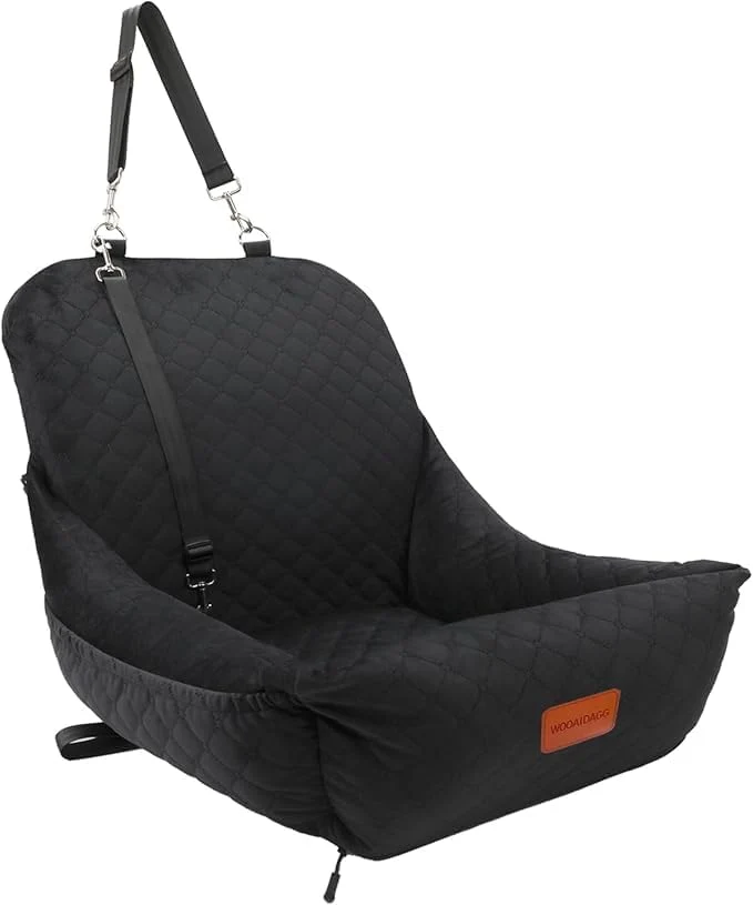 Clean Dog Car Seat for Small Dogs Up to 25 lbs Covered Ultra-Soft Fabric and Fill in Memory Foam Fully Detachable and Washable 2 Clip-On Safety Leashes and Storage Pockets Black About ThisOverview Genuine
