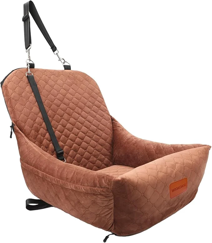 Refined Dog Car Seat for Small Dogs Covered Soft Fabric and Fill in Memory Foam Easy to Assemble and Fully Detachable 2 Clip-On Safety Leashes and Storage Pockets Brown About ThisOverview Environmentally Friendly