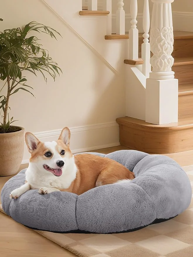 Unique OhGeni 31 inches Calming Donut Orthopedic Dog Cat Bed for Medium Pets Warming Comfort Fluffy Short Pile Fur Durable Waterproof Machine Washable Removable Cover Round Bed for Puppy Light GrayAbout ThisOverview Healthy